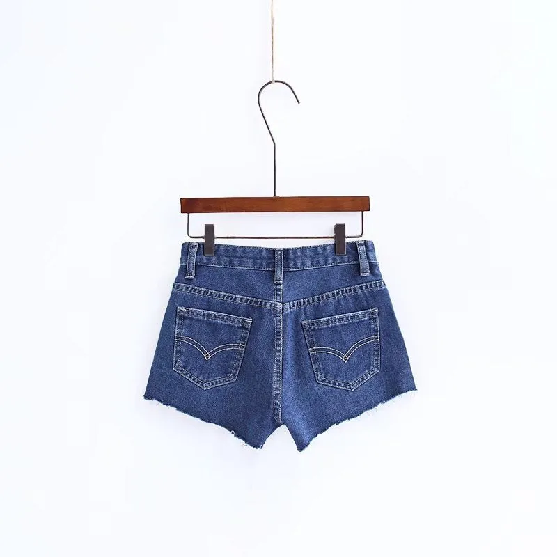 Curled Pure Color High Waist Denim Slim Shorts