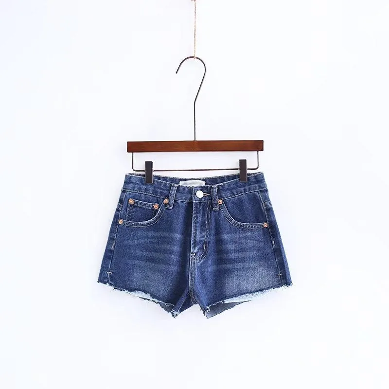 Curled Pure Color High Waist Denim Slim Shorts