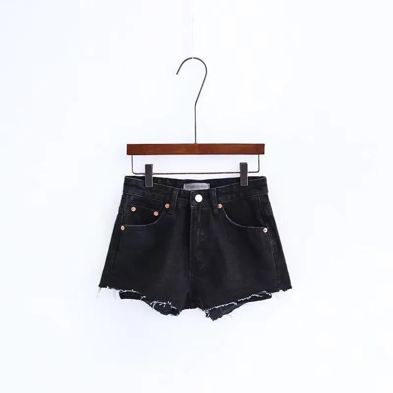 Curled Pure Color High Waist Denim Slim Shorts