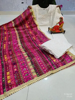 Dark Pink Multi Color Shades Chikankari Elegance - Pakistani Dupatta & Kurti Palazzo Set
