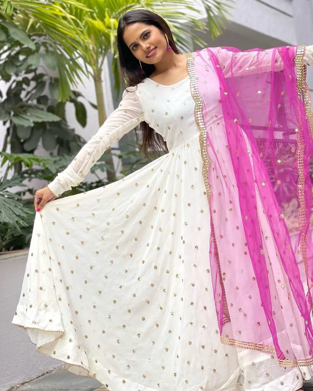 Designer White Color Embroidery Work Gown