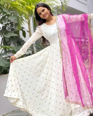 Designer White Color Embroidery Work Gown