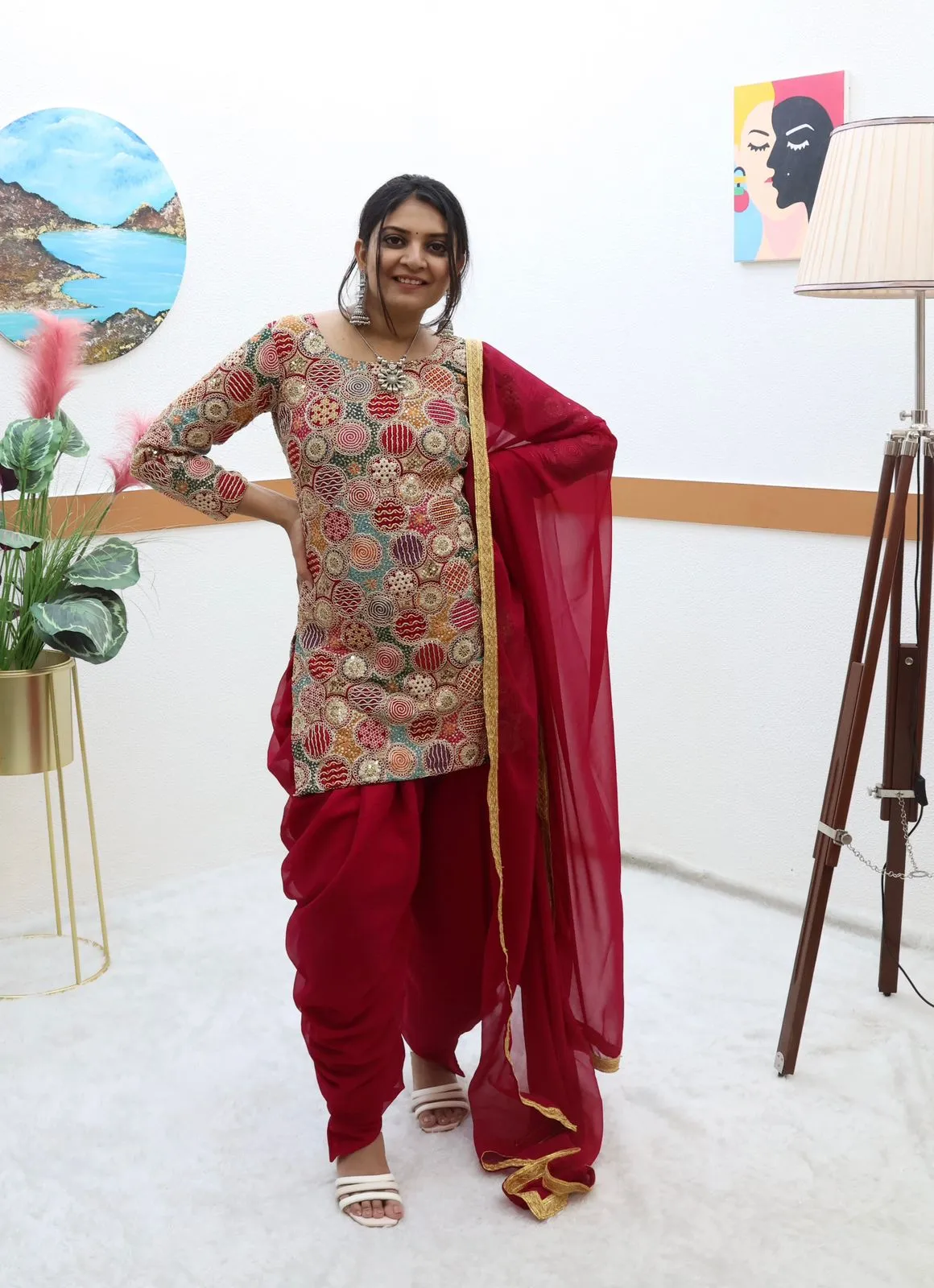 Double Sequence Work Dark Pink Color Dhoti Suit