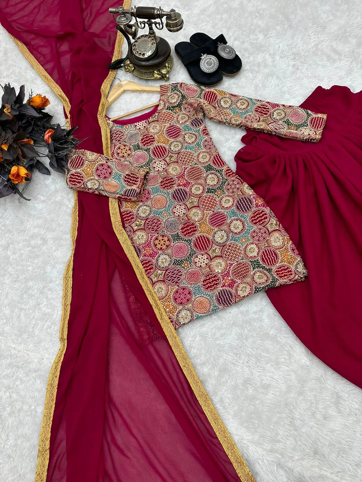 Double Sequence Work Dark Pink Color Dhoti Suit
