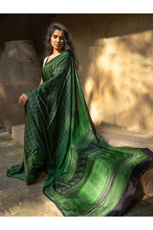 Exclusive Bagh Hand Block Printed Cotton Saree - Paisley Vines
