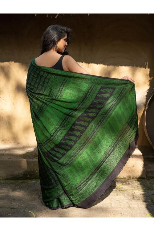 Exclusive Bagh Hand Block Printed Cotton Saree - Paisley Vines