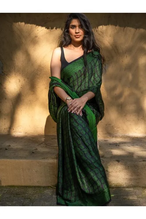 Exclusive Bagh Hand Block Printed Cotton Saree - Paisley Vines