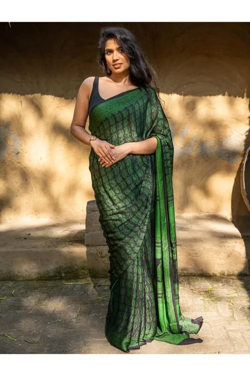 Exclusive Bagh Hand Block Printed Cotton Saree - Paisley Vines