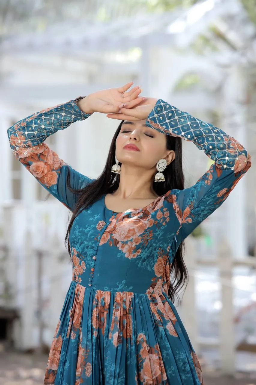 Full Sleeves Sequence Work Teal Blue Color Gown