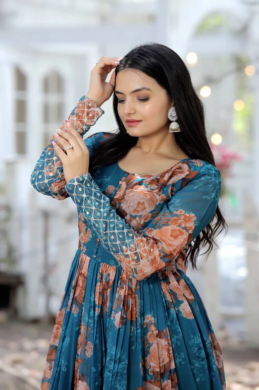 Full Sleeves Sequence Work Teal Blue Color Gown
