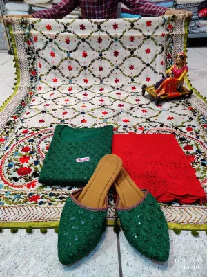 Green and red Silken Reflections Ensemble 4 Pc With Jutti , Chikankari Kurti Pallazo and Elegant Mirror work Dupatta