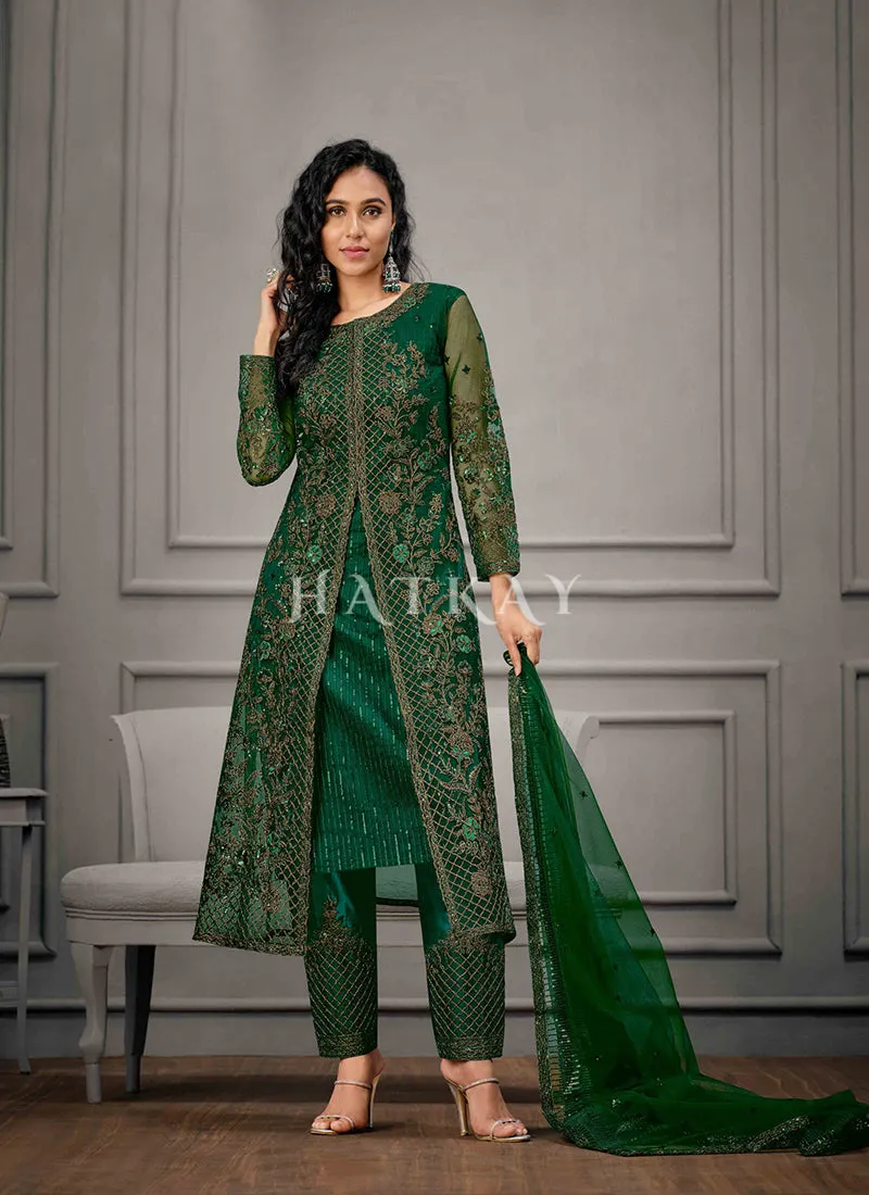 Green Golden Embroidered Pant Suit