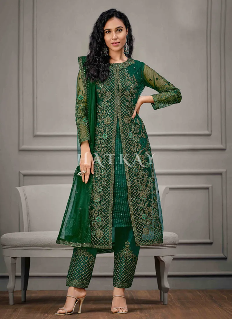 Green Golden Embroidered Pant Suit
