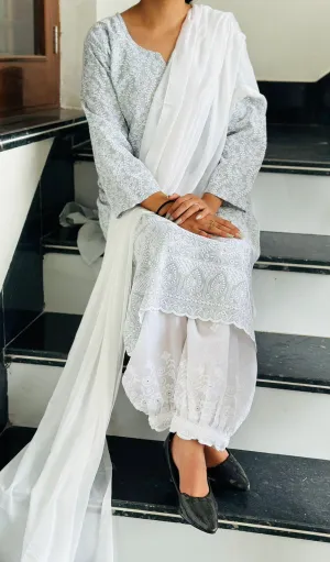 Greyish White Lucknow Luxe Elegance 3 pc Kurti Set with Afghani Pants & Dupatta