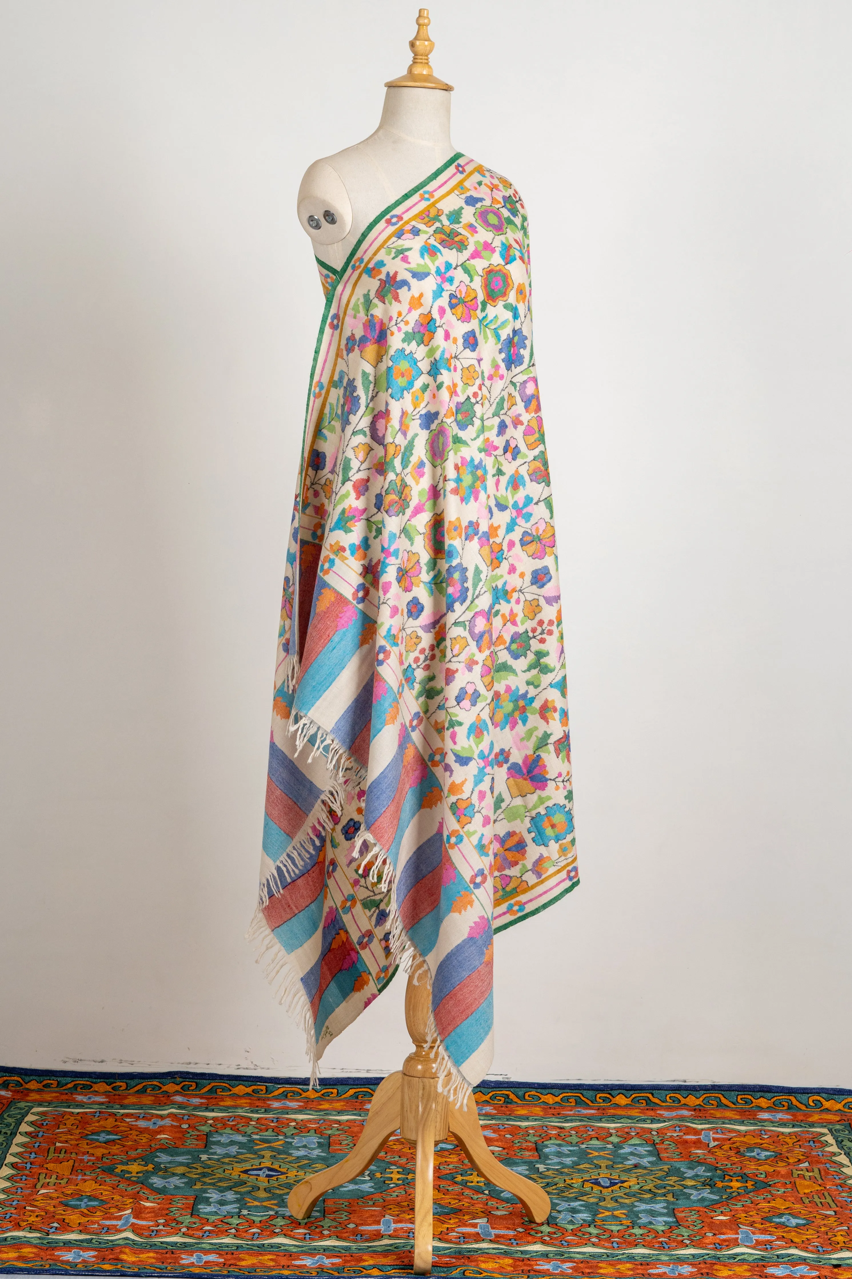 Ivory Bliss Pure Pashmina with Multicolor Kani Floral Weave