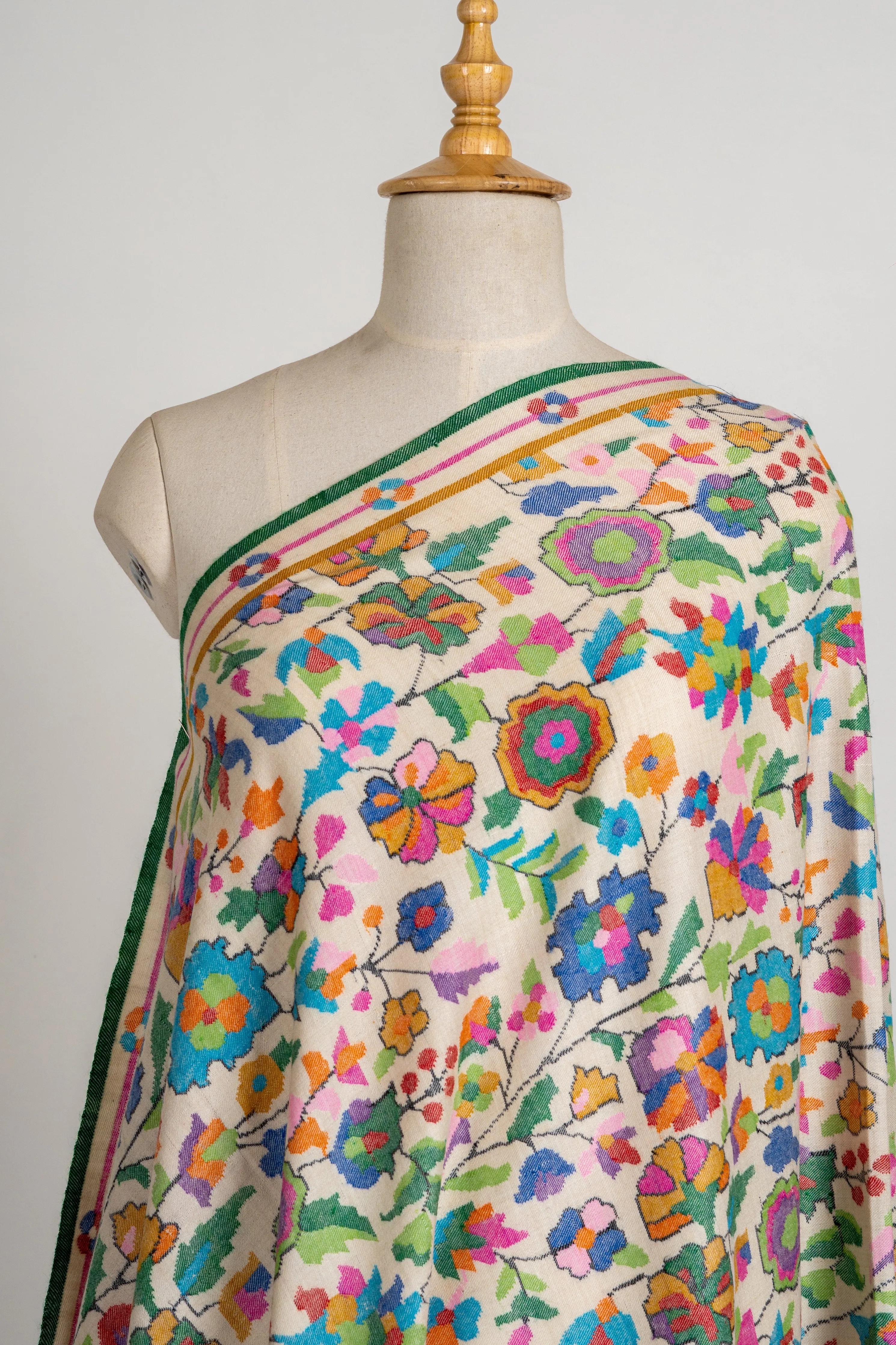 Ivory Bliss Pure Pashmina with Multicolor Kani Floral Weave