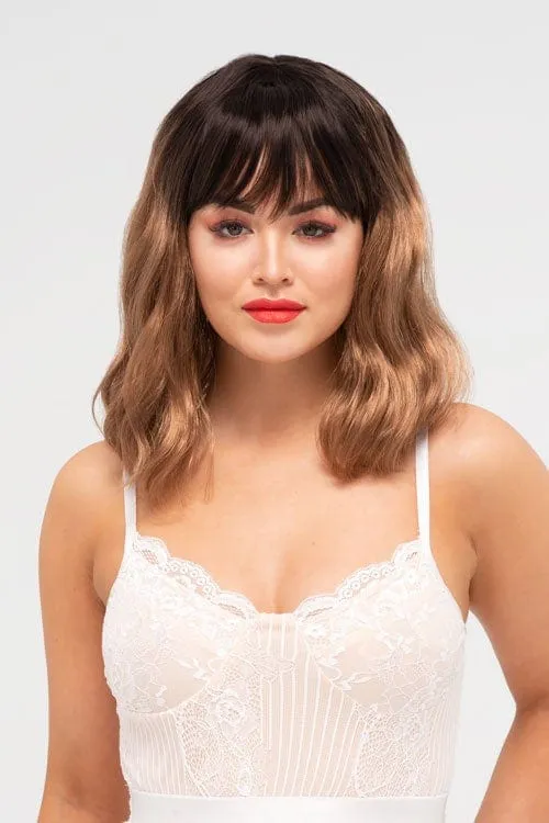 Long wavy bob wig, dark brown blending to light brown: Elodie