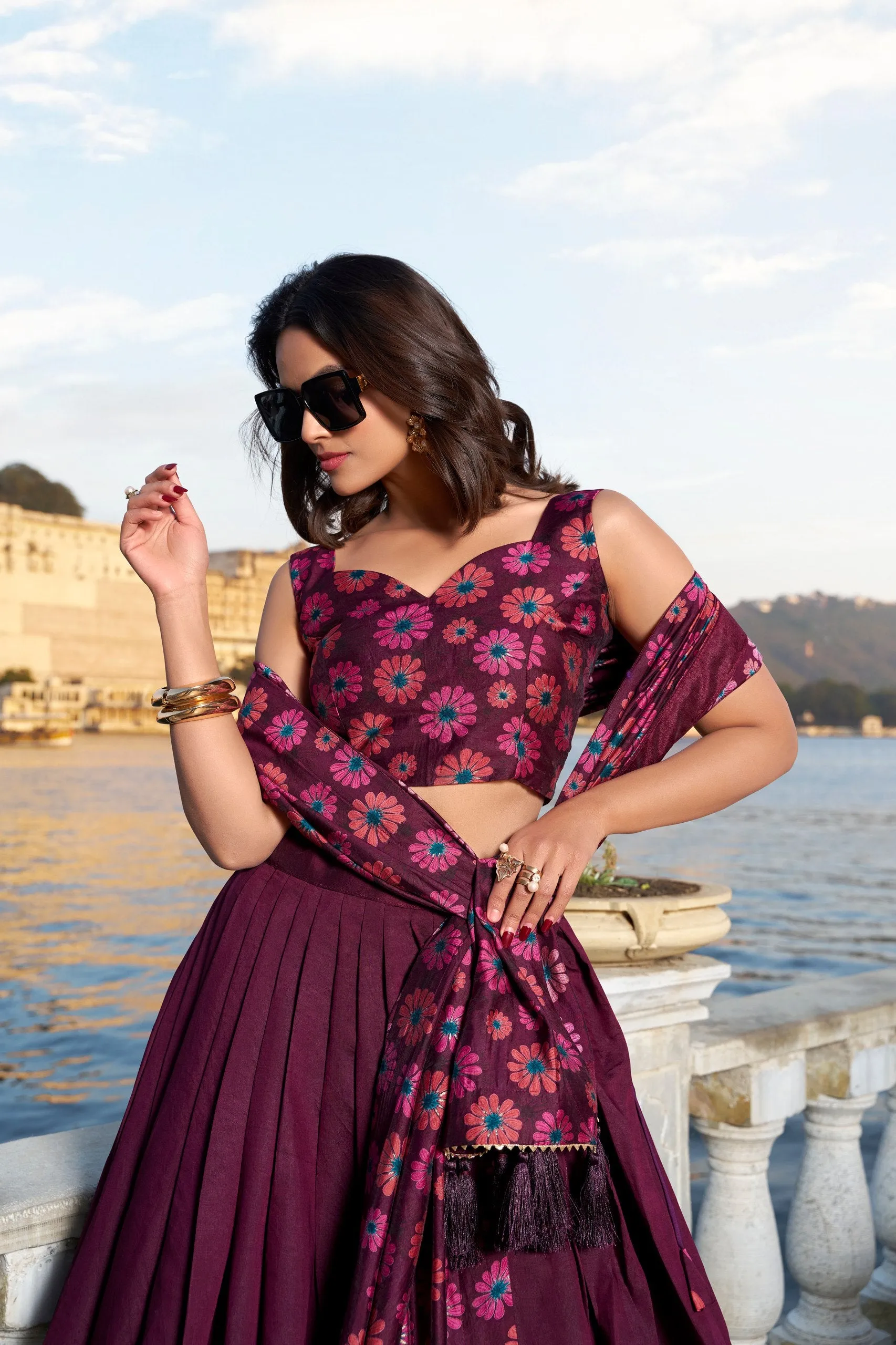 Magnificent Wine Tusshar Silk Floral Printed Lehenga Choli