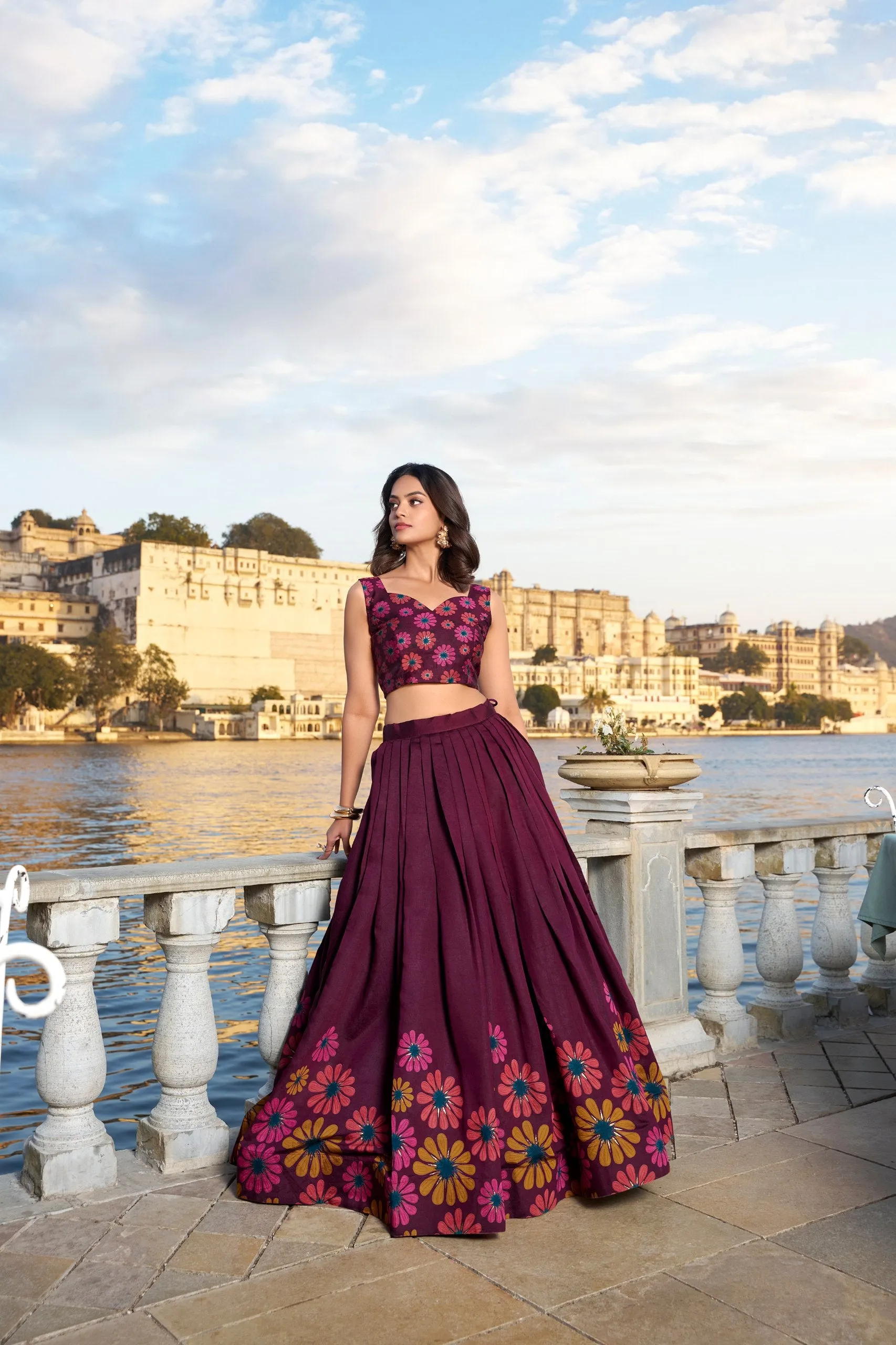 Magnificent Wine Tusshar Silk Floral Printed Lehenga Choli