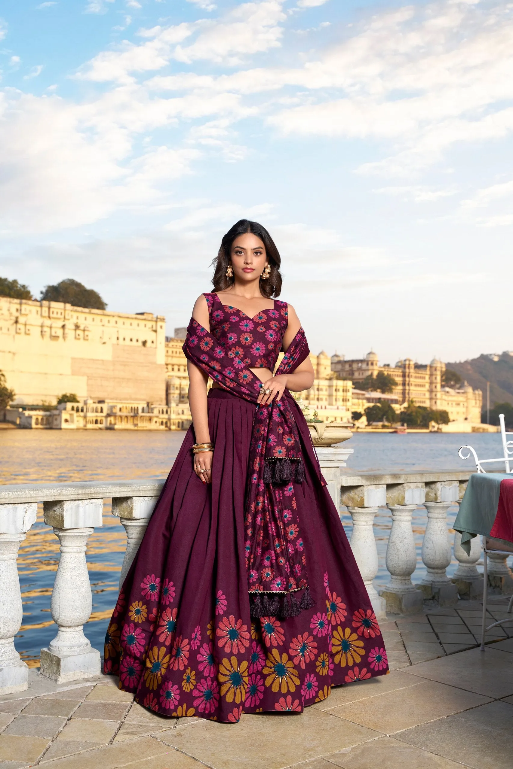 Magnificent Wine Tusshar Silk Floral Printed Lehenga Choli