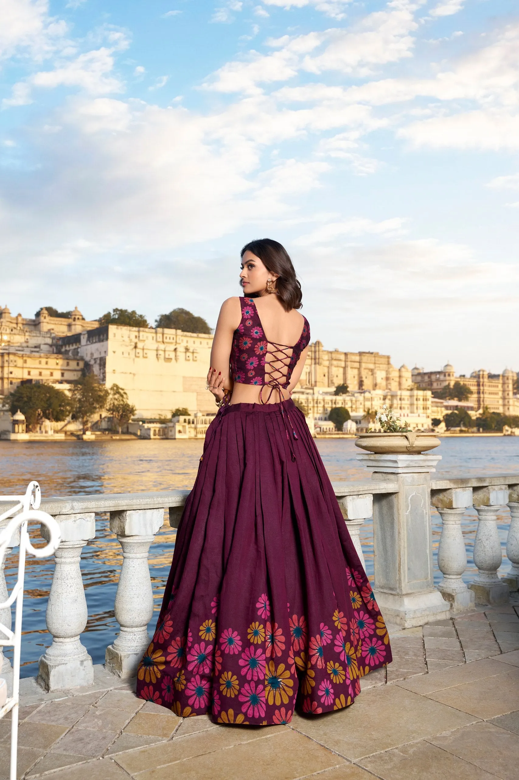 Magnificent Wine Tusshar Silk Floral Printed Lehenga Choli