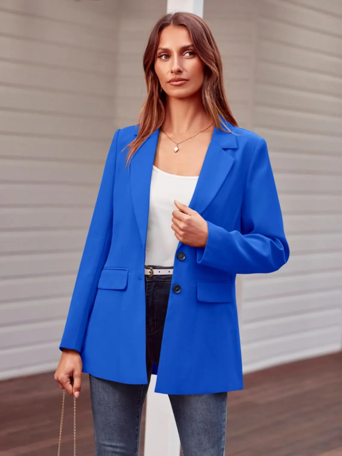 MASCOMODA Casual Blazer Jackets for Women 2024 Fall Long Sleeve Open Front Button Work Office Suit Jacket with Pockets