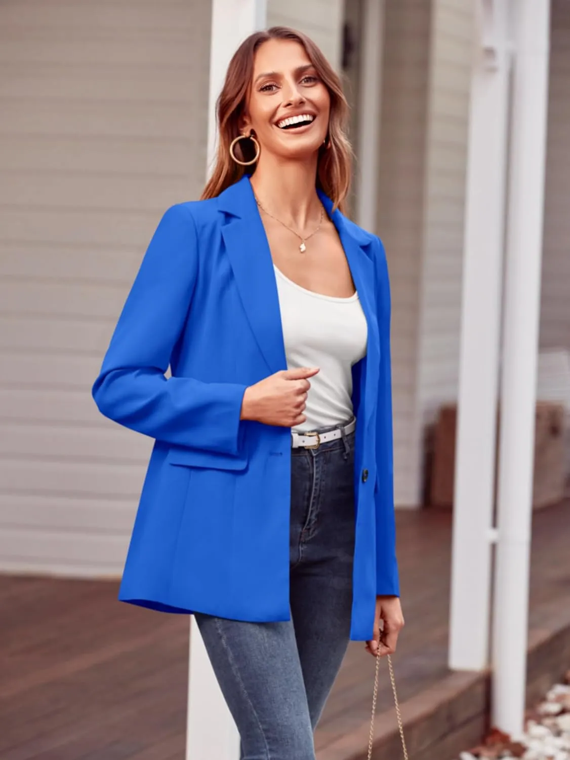 MASCOMODA Casual Blazer Jackets for Women 2024 Fall Long Sleeve Open Front Button Work Office Suit Jacket with Pockets