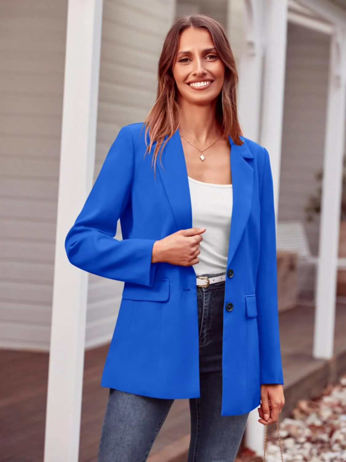 MASCOMODA Casual Blazer Jackets for Women 2024 Fall Long Sleeve Open Front Button Work Office Suit Jacket with Pockets