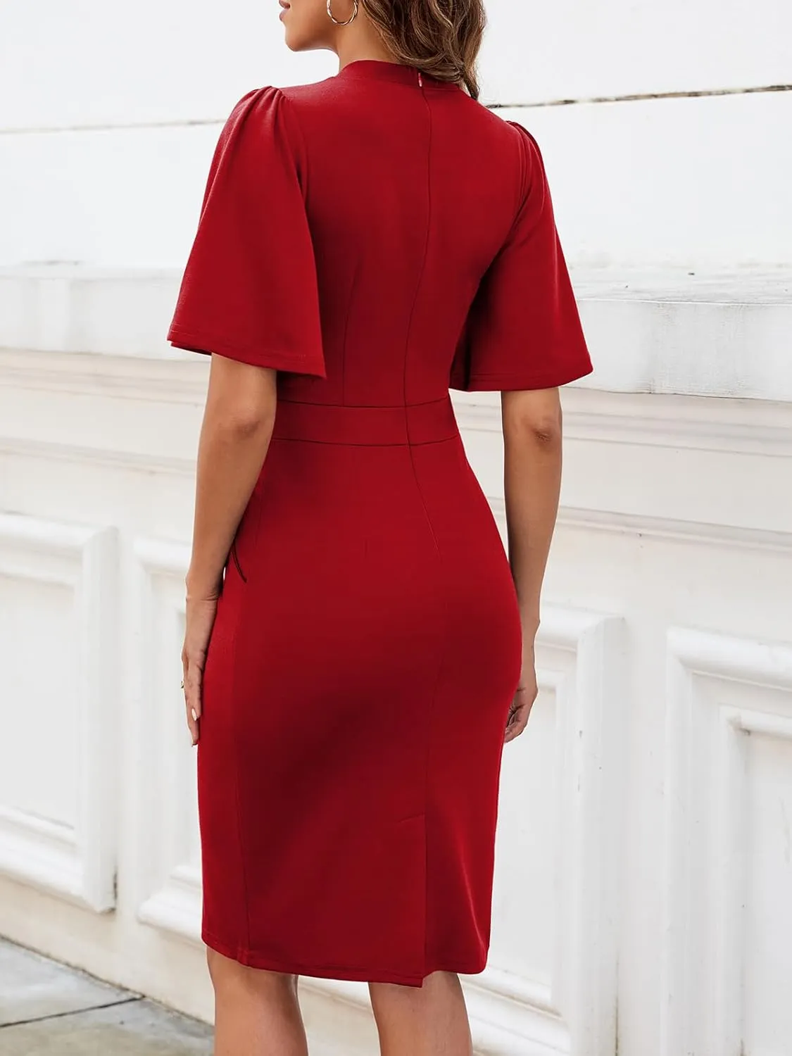Mokayee Womens Collar Ruffle Sleeve Bodycon Church Cocktail Pencil Midi Dresses with Pockets