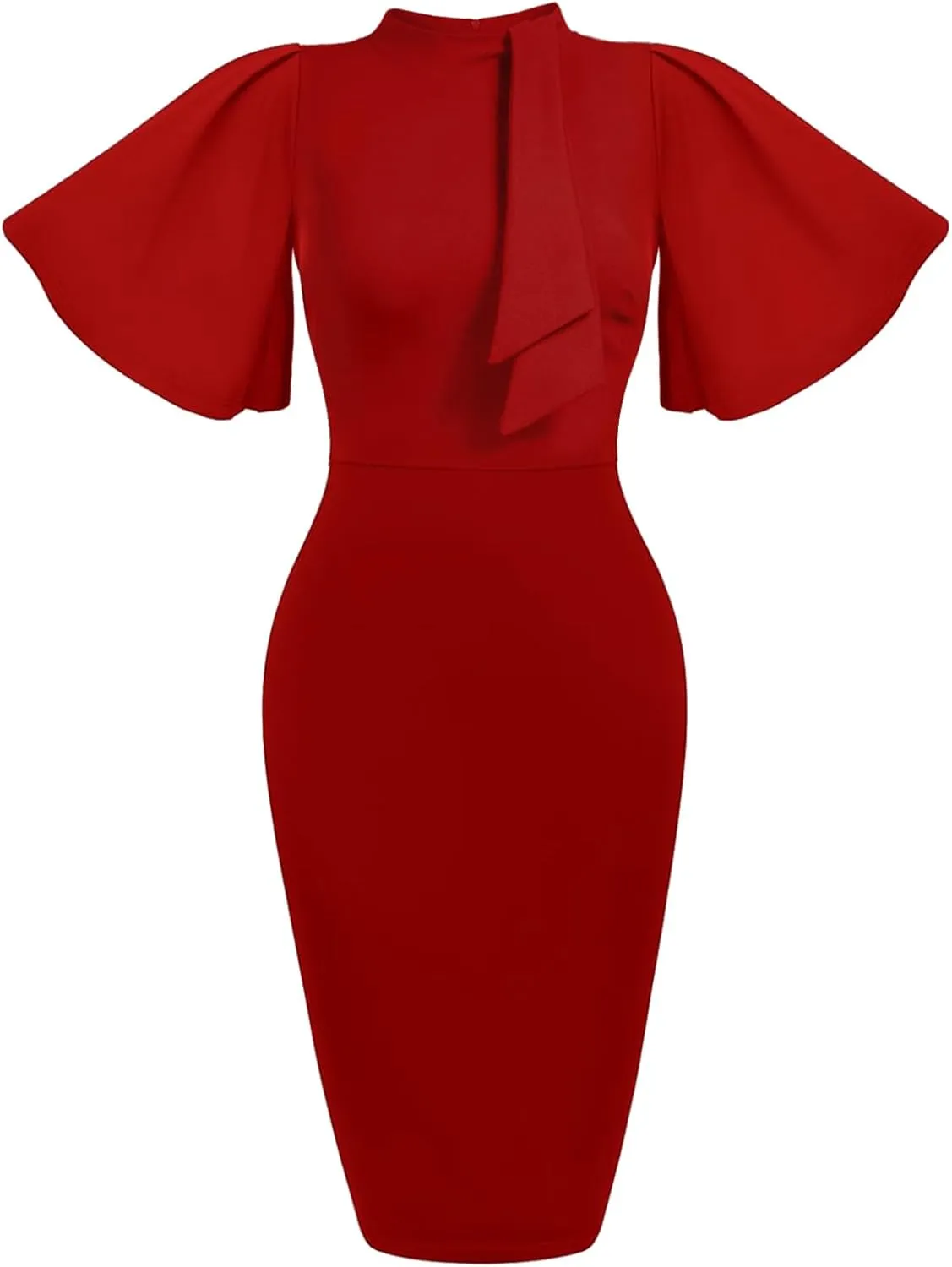Mokayee Womens Collar Ruffle Sleeve Bodycon Church Cocktail Pencil Midi Dresses with Pockets