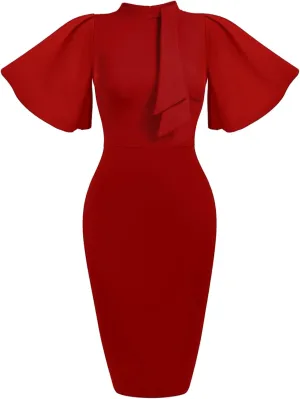 Mokayee Womens Collar Ruffle Sleeve Bodycon Church Cocktail Pencil Midi Dresses with Pockets