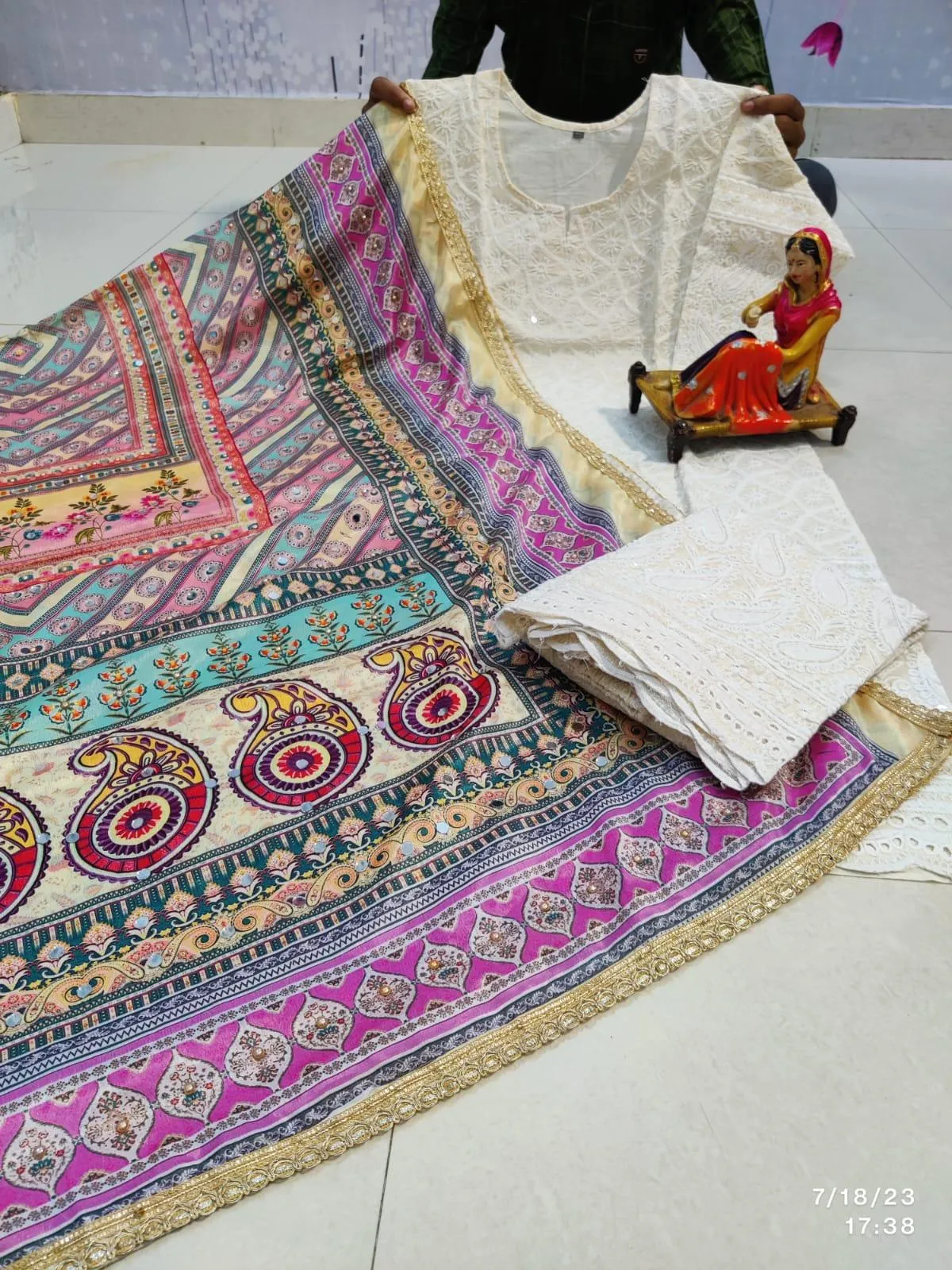 Multi Color Ethnic Prints Chikankari Elegance - Pakistani Dupatta & Kurti Palazzo Set