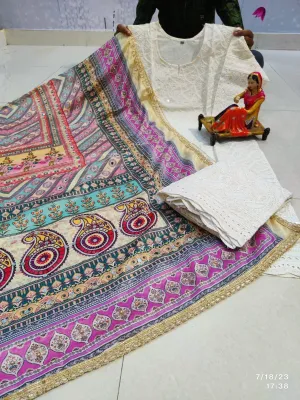Multi Color Ethnic Prints Chikankari Elegance - Pakistani Dupatta & Kurti Palazzo Set
