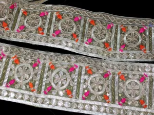 Multicolour Pink Orange Traditional Gota Work Embroidered Border