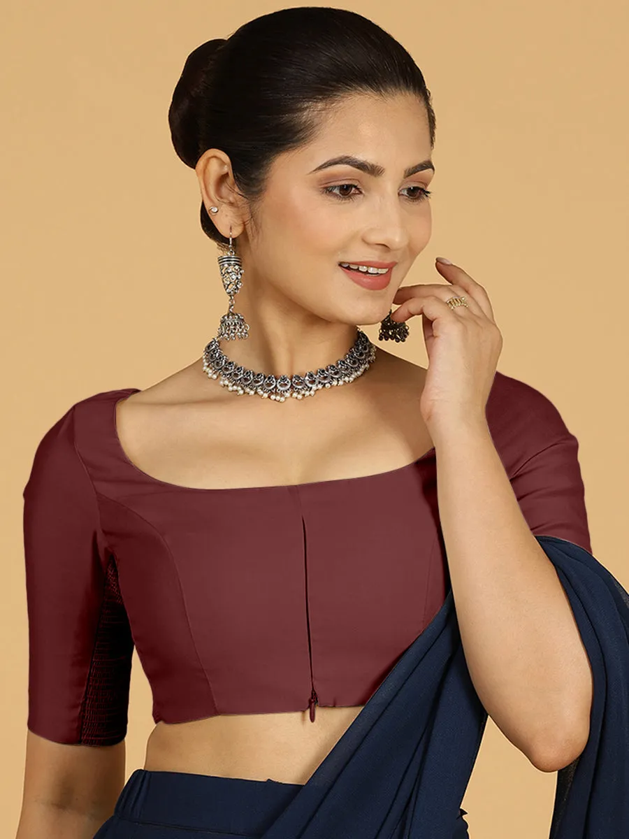 Nidhi x Rozaana | Elbow Sleeves Saree Blouse in Deep Maroon