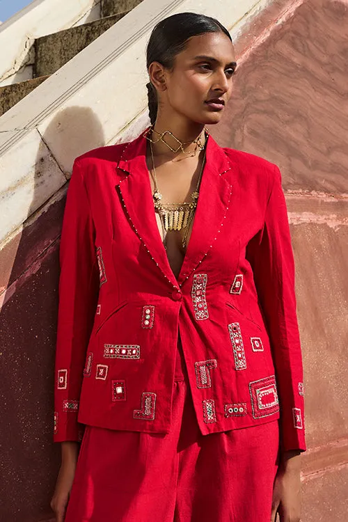 Okhai "Dancing Girl" Hand Embroidered Mirror and Beadwork Pure Cotton Blazer