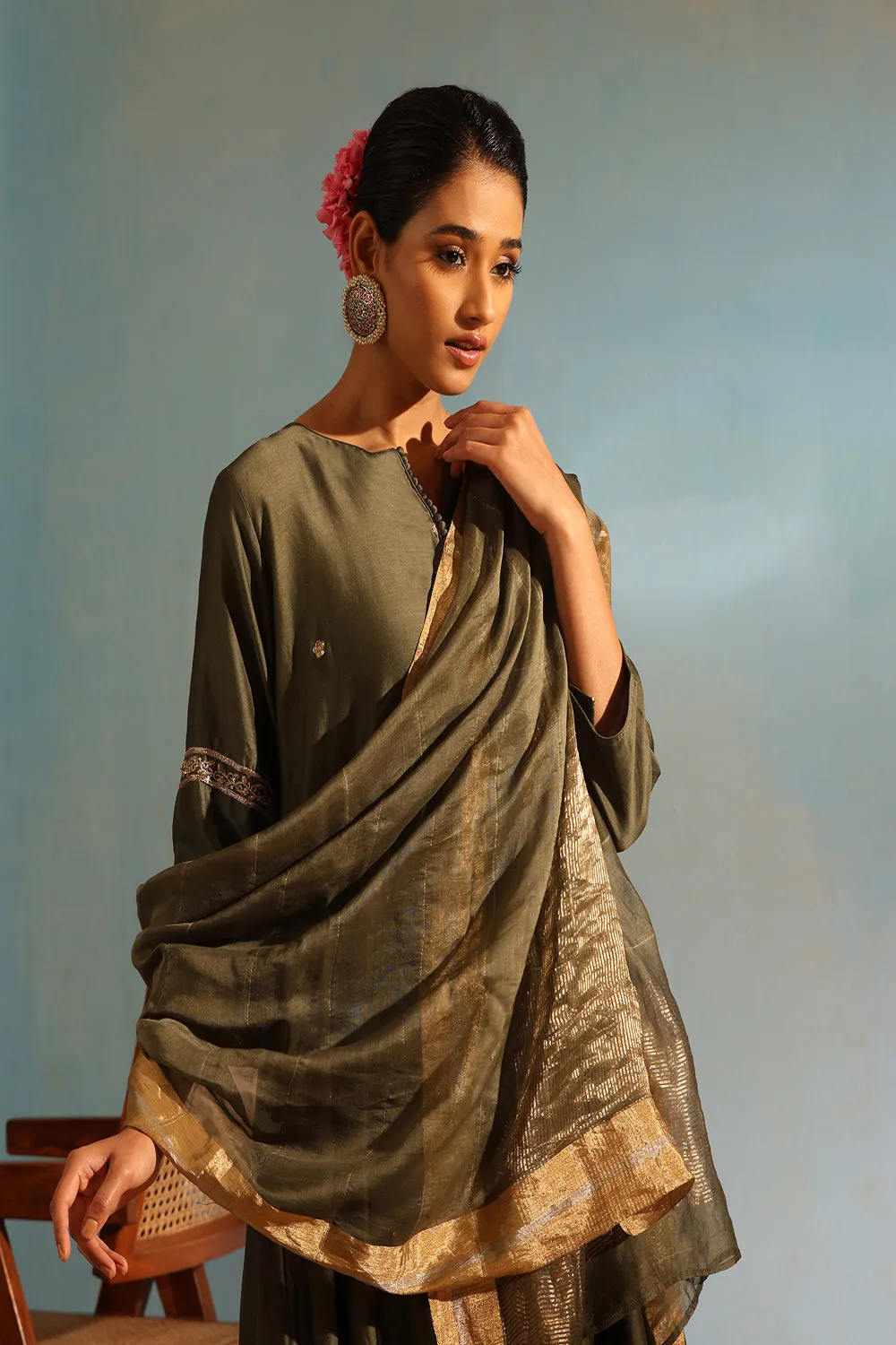 Olive Green Tonal Chanderi Kurta With Matching Pants And Dupatta