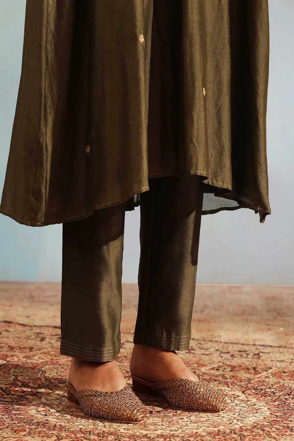 Olive Green Tonal Chanderi Kurta With Matching Pants And Dupatta