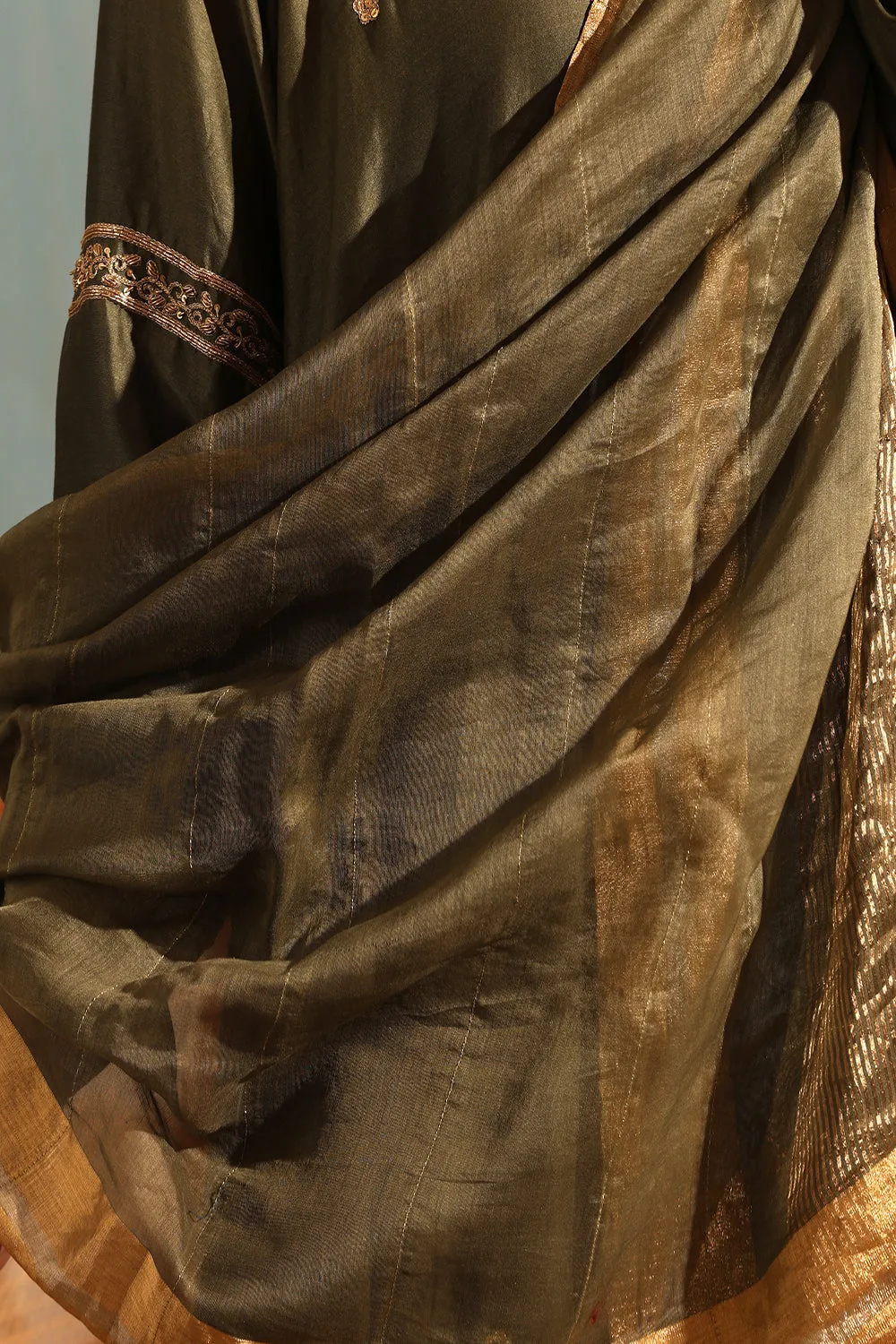 Olive Green Tonal Chanderi Kurta With Matching Pants And Dupatta