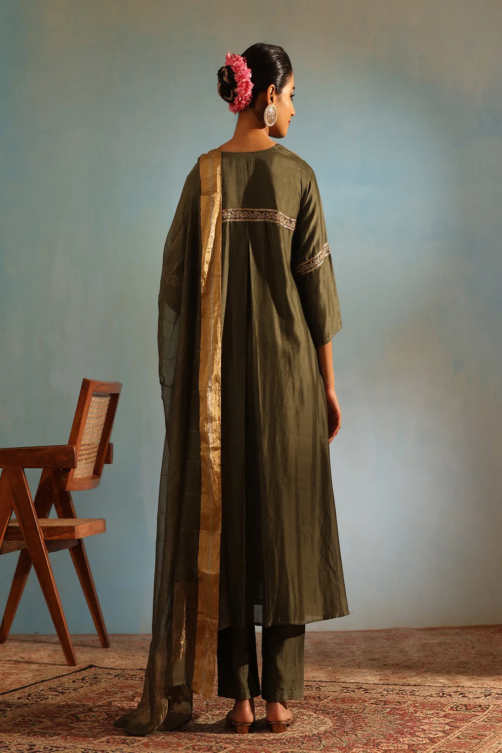 Olive Green Tonal Chanderi Kurta With Matching Pants And Dupatta
