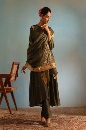 Olive Green Tonal Chanderi Kurta With Matching Pants And Dupatta