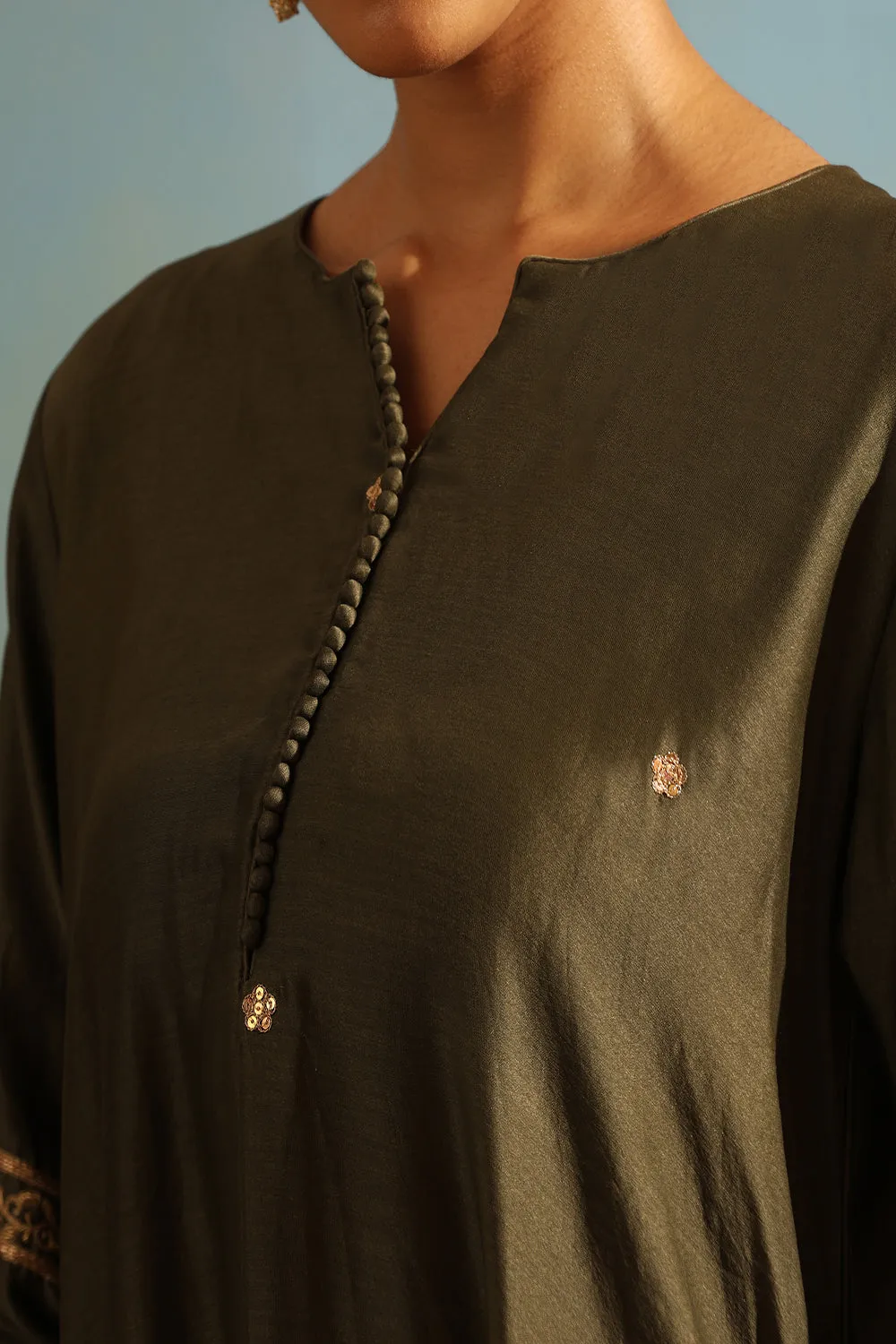 Olive Green Tonal Chanderi Kurta With Matching Pants And Dupatta