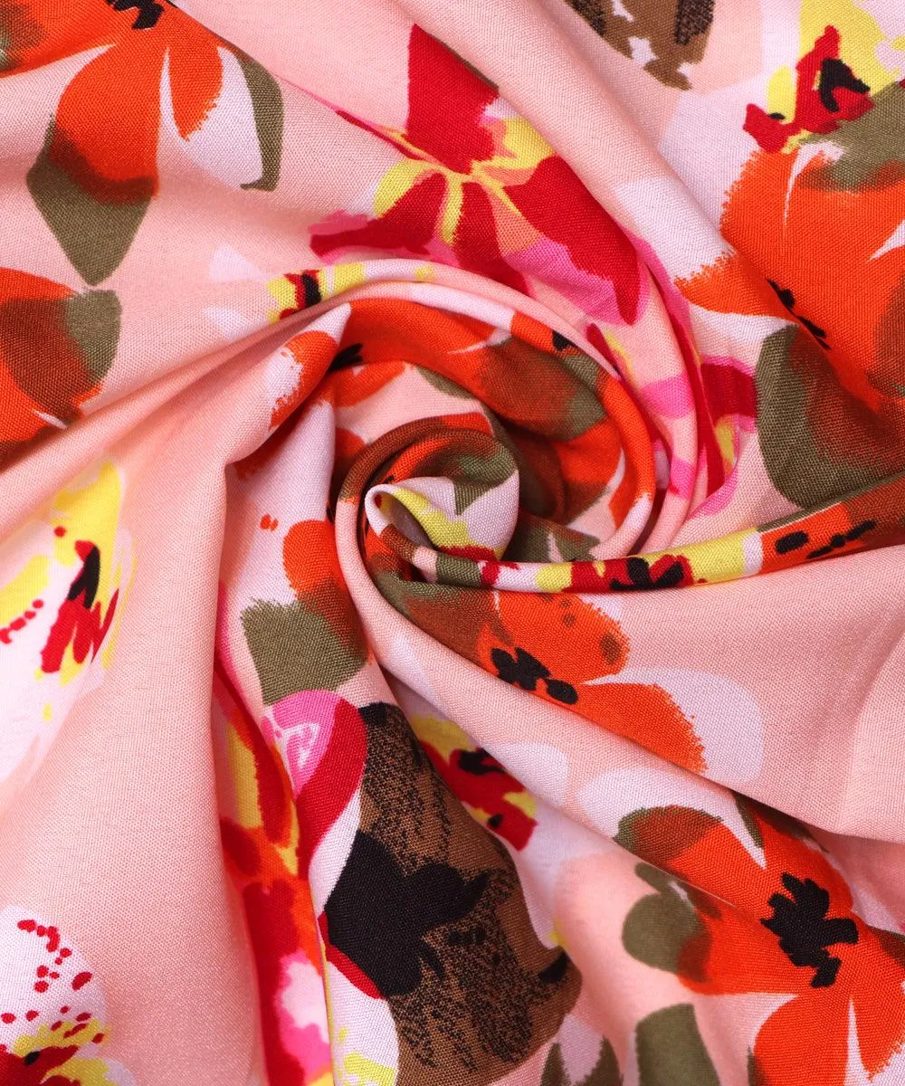 Peach Floral Pattern Crepe Fabric