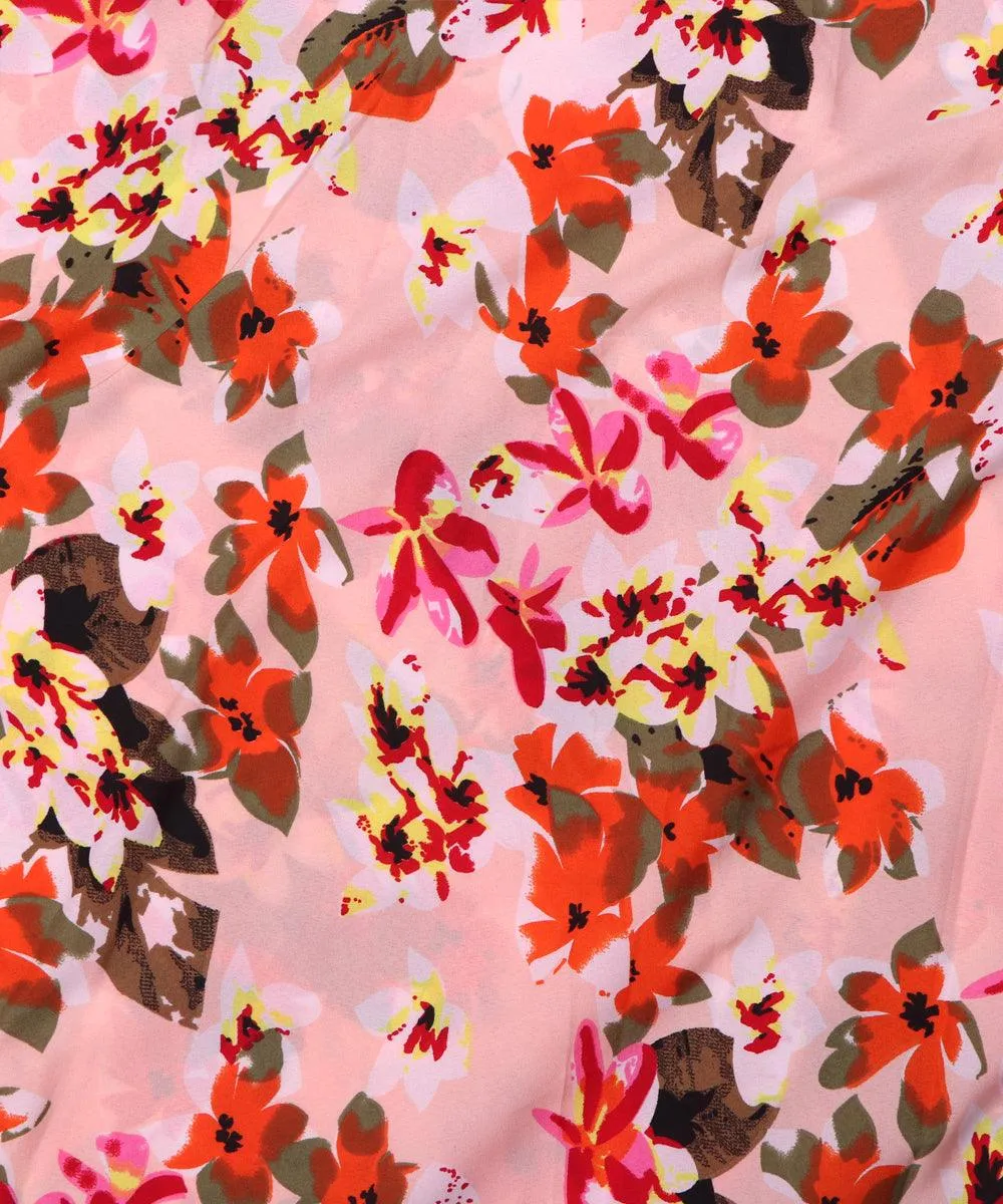 Peach Floral Pattern Crepe Fabric