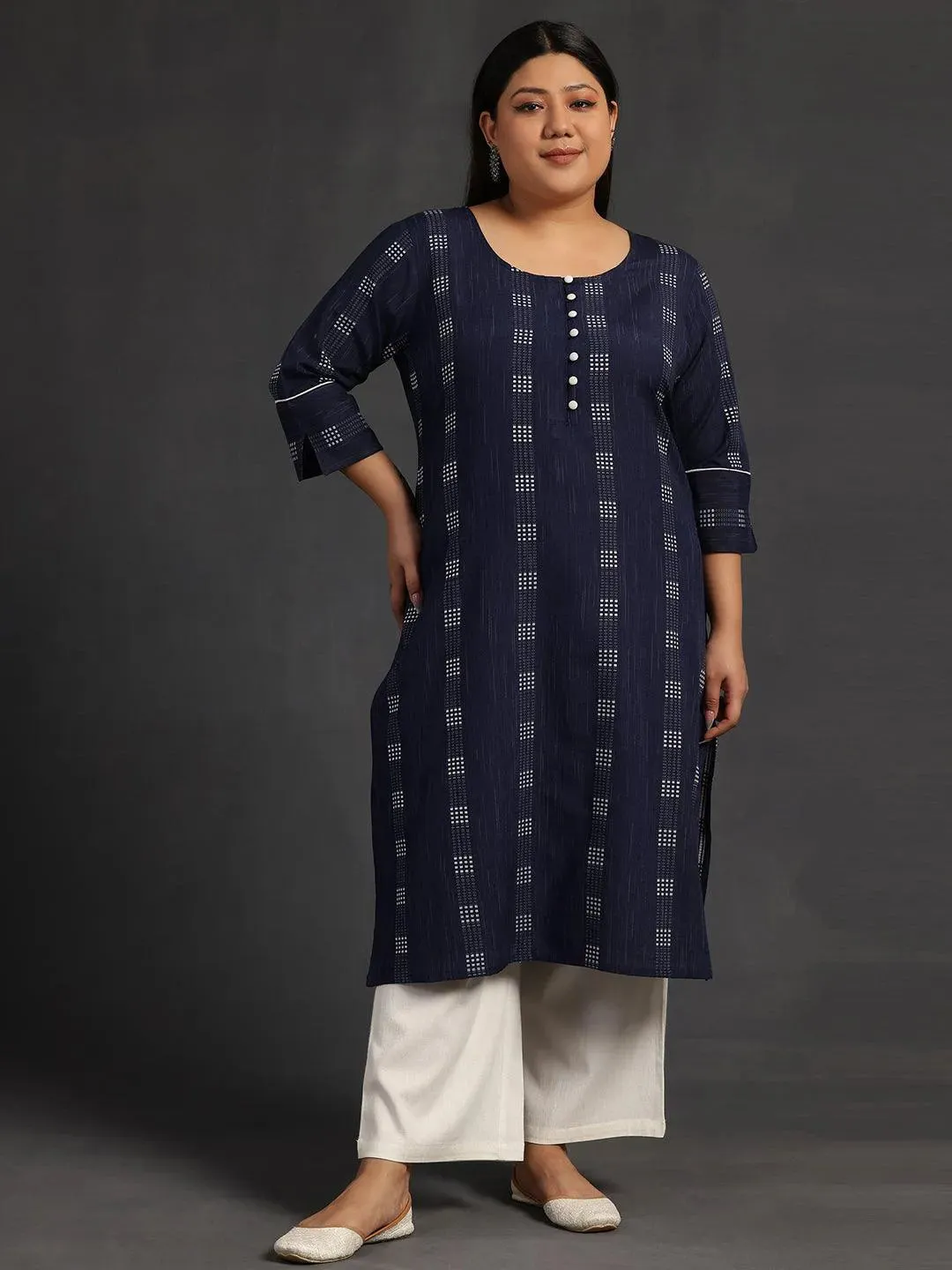 Plus Size Blue Woven Design Cotton Straight Kurta