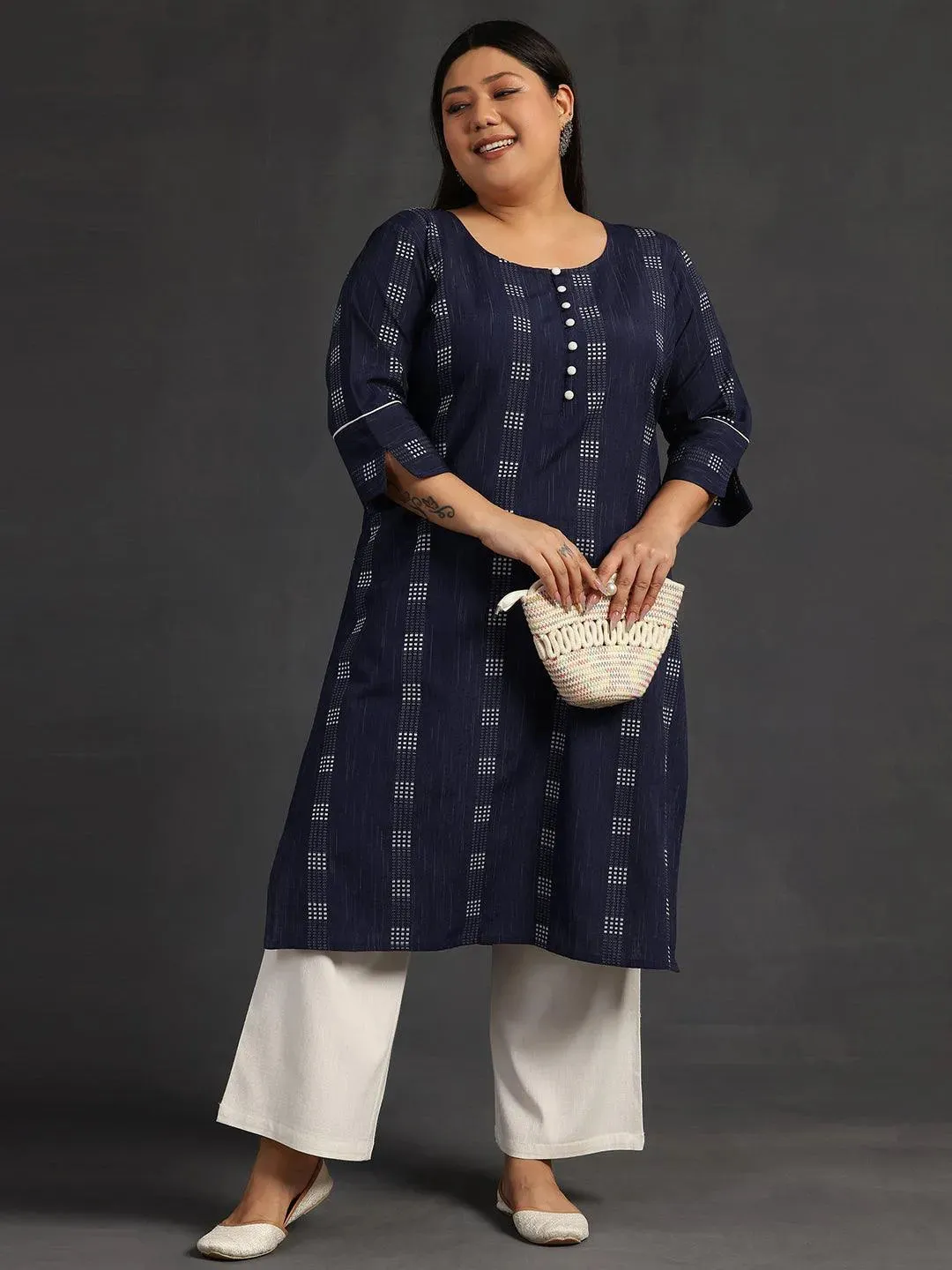 Plus Size Blue Woven Design Cotton Straight Kurta