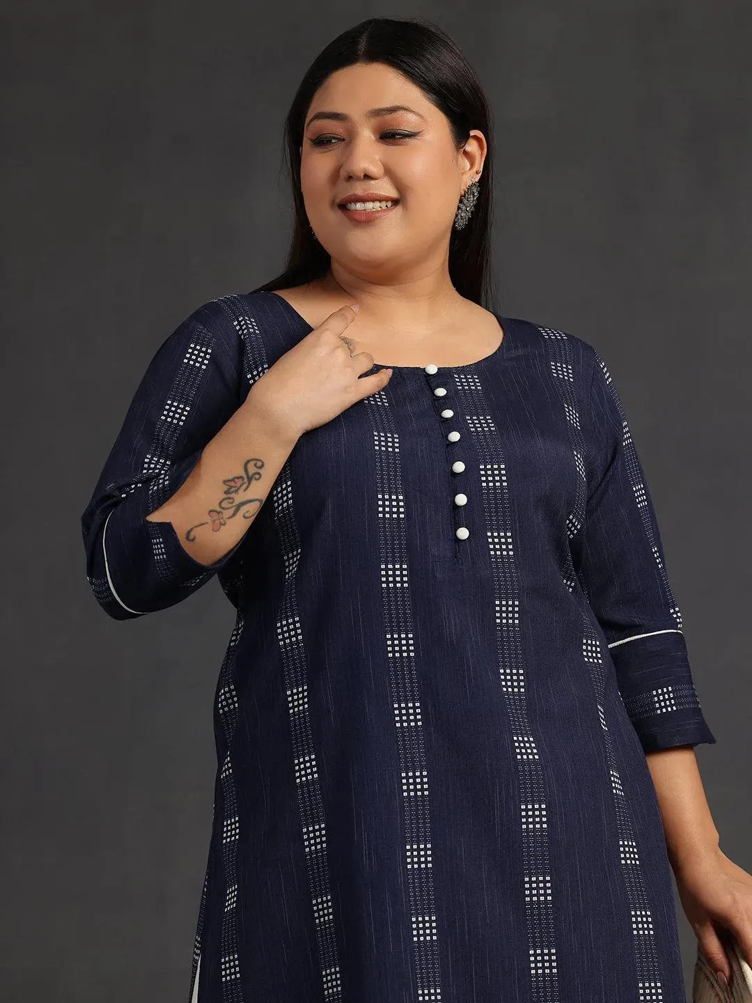 Plus Size Blue Woven Design Cotton Straight Kurta