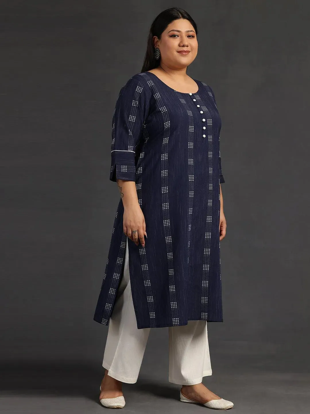 Plus Size Blue Woven Design Cotton Straight Kurta