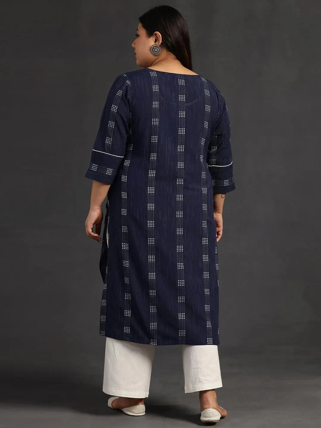 Plus Size Blue Woven Design Cotton Straight Kurta