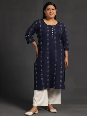 Plus Size Blue Woven Design Cotton Straight Kurta